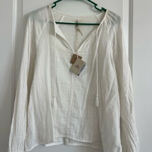 Faherty Cream Women's Blouse with Tassel Ties